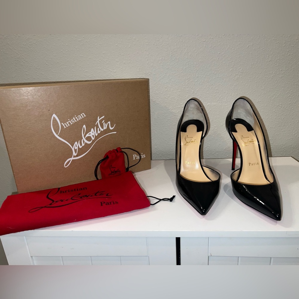 Authentic Gently used Louboutin Iriza patent leather 100mm heels. Size 38 1/2